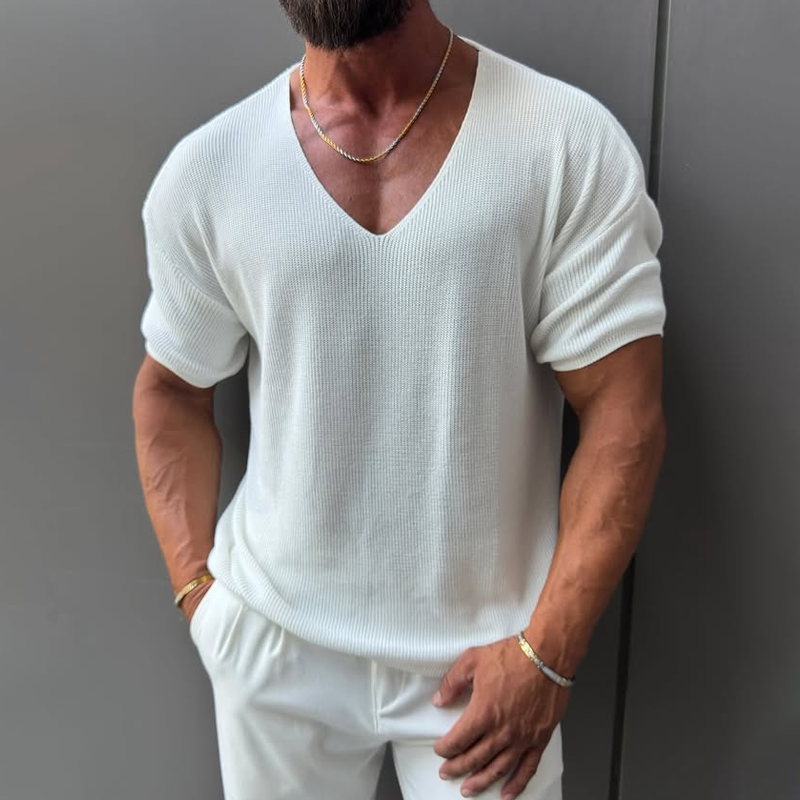 Men's Solid Color Knit V Neck Short Sleeve T-shirt MTA1501G7Z