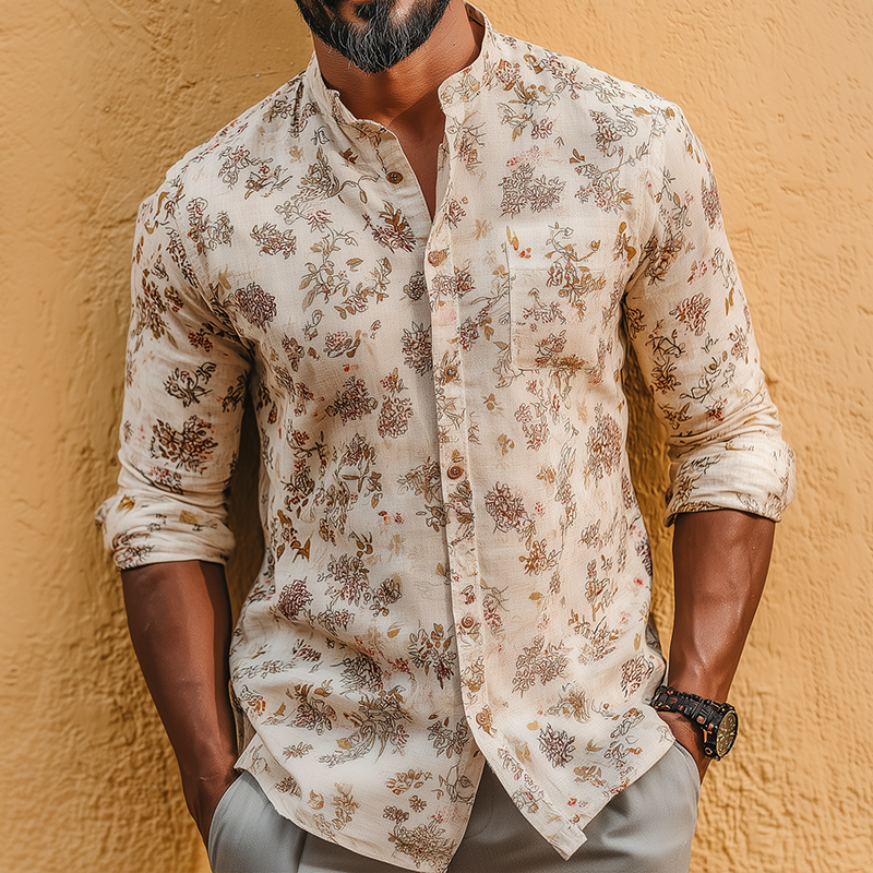 Men's Retro Casual Floral Print Linen Stand Collar Long Sleeve Shirt MTA2506G0TO