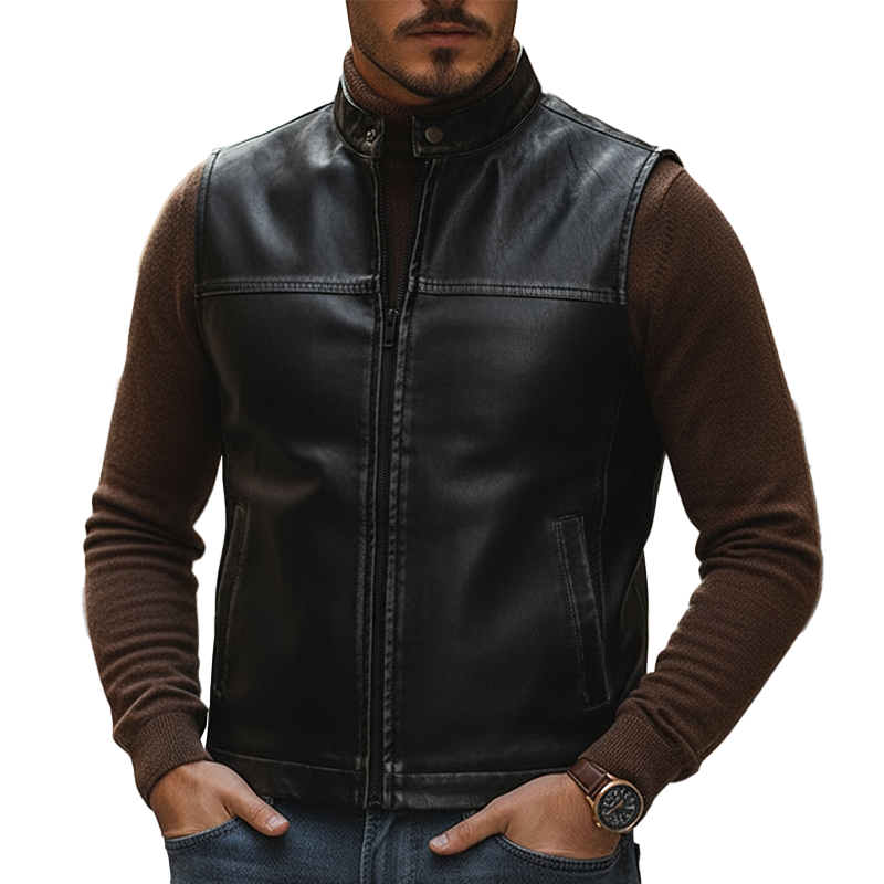 Men's Retro Distressed PU Faux Leather Zipper Sleeveless Vest MTA2363L2P