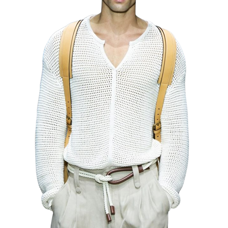 Men's Spring And Autumn Solid Color V-Neck Knitted Sweater T-Shirt MTA0636H5U