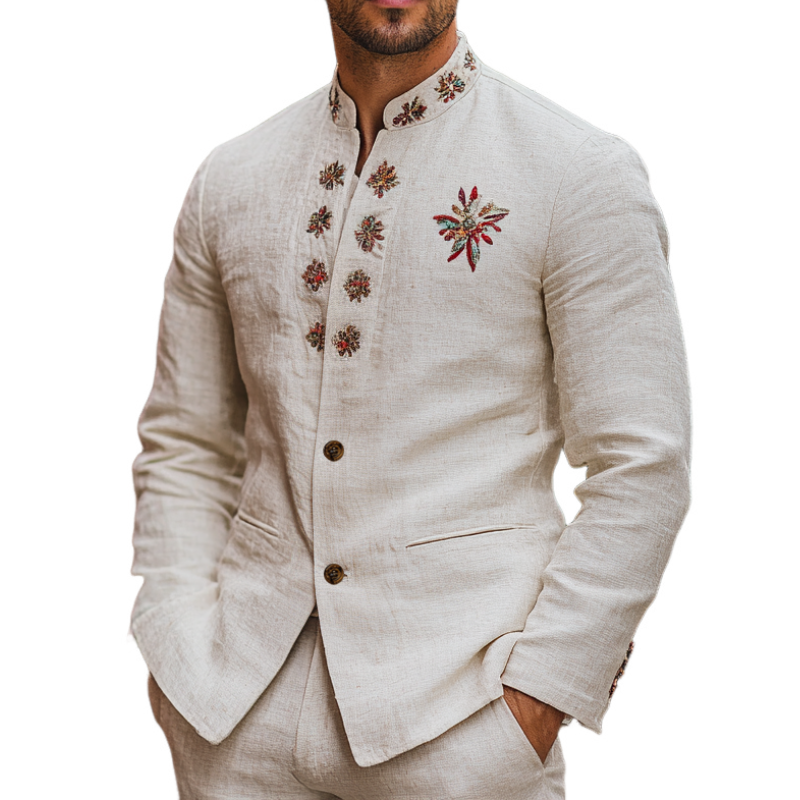 Men's Casual and Comfortable Linen Blend Embroidered Stand Collar Single Breasted Blazer 62069558F