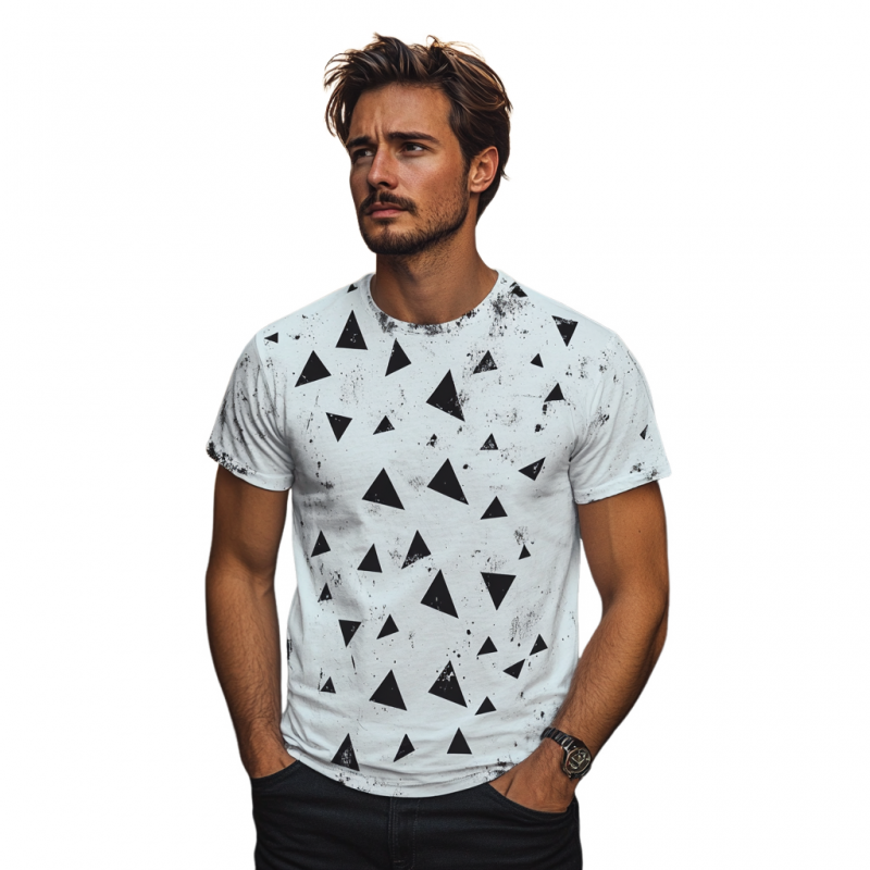 Men's Casual Distressed Triangle Print Round Neck Slim Fit Short Sleeve T-shirt MTA1575E7M