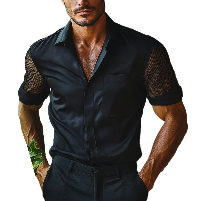 Men's Solid Color Mesh Short Sleeve Stitching Lapel Shirt MTA2794E0X