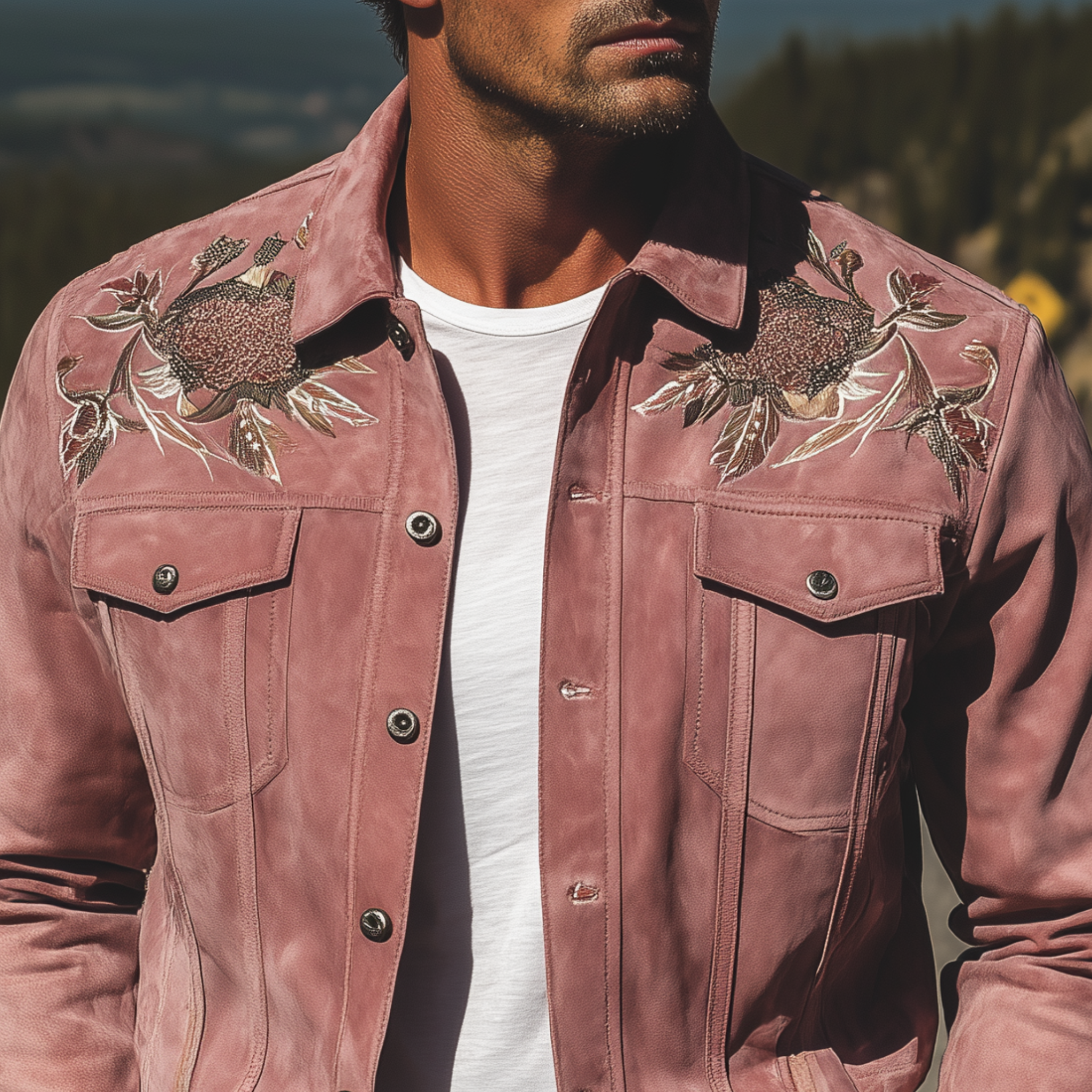 Men's Classic Retro Western Style Pink Suede Embroidered Jacket MTA1441H5K