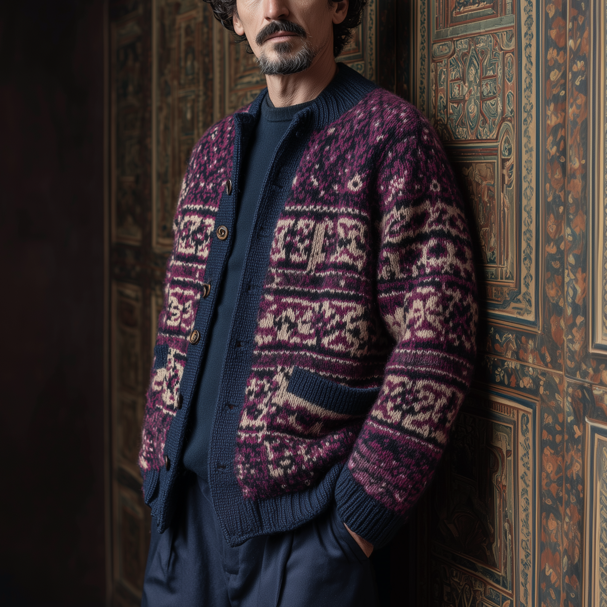 Men's Classic American Retro Stand Collar Contrast Jacquard Knit Cardigan MTA0400I4K