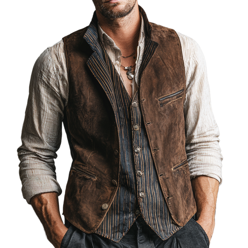 Men's Vintage Fake Two-piece Distressed Printed Faux Suede Single Breasted Vest MTA2169H2Z