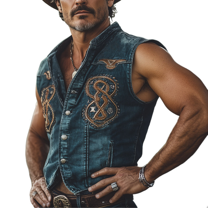 Men's Summer Stand Collar Vintage Embroidered Denim Vest MTA2114E5U