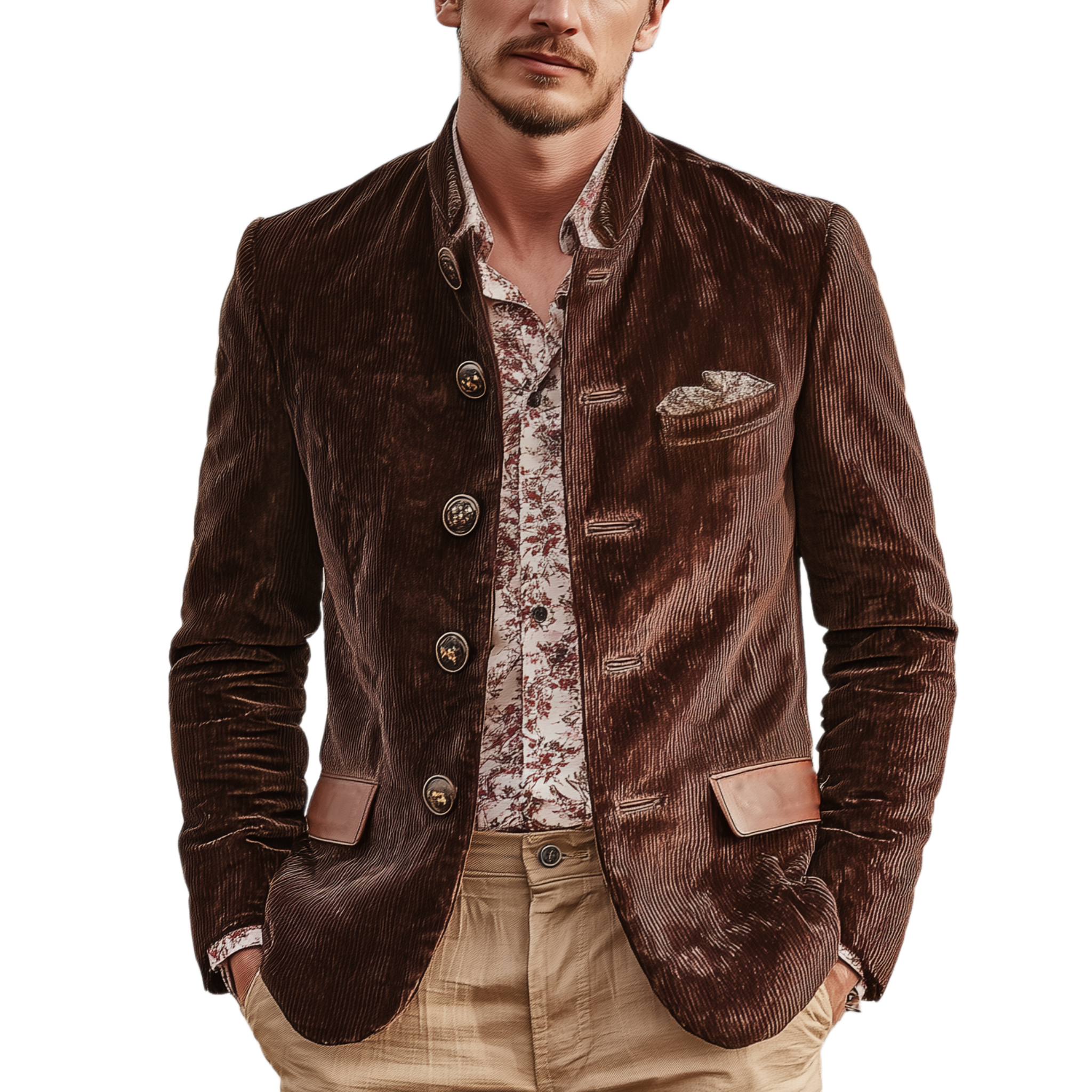Men's Classic Casual Pocket Stitching PU Leather Stand Collar Corduroy Jacket MTA1709I2K