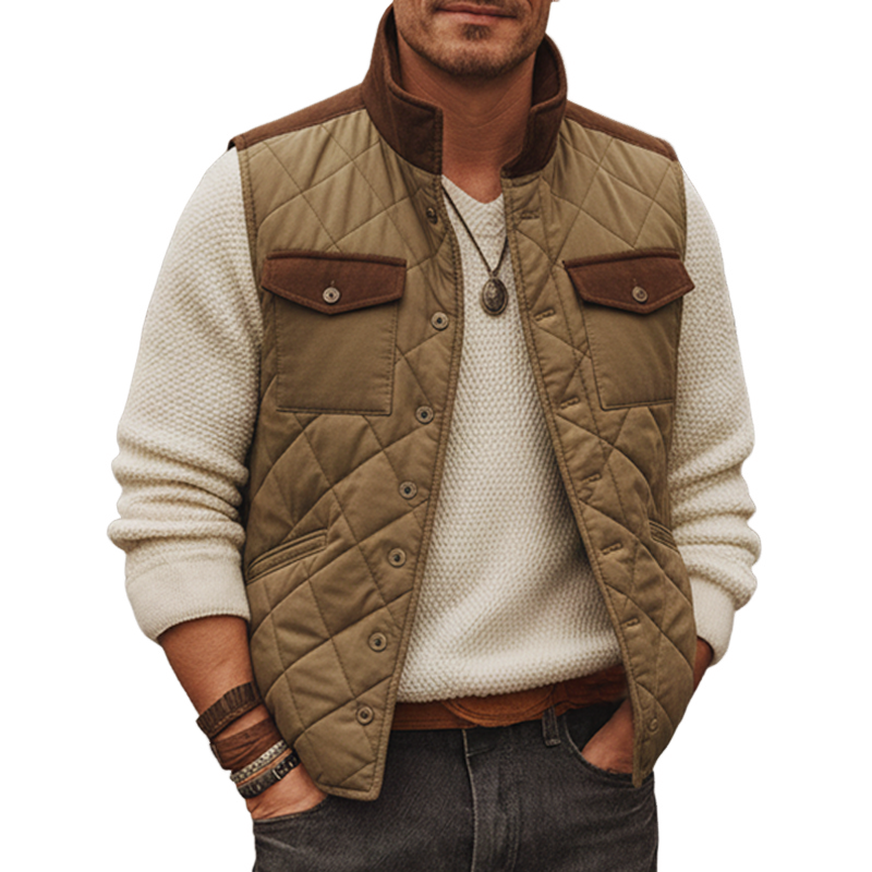 Men's Classic Colorblock Quilted Stand Collar Button Vest MTA2021J2U