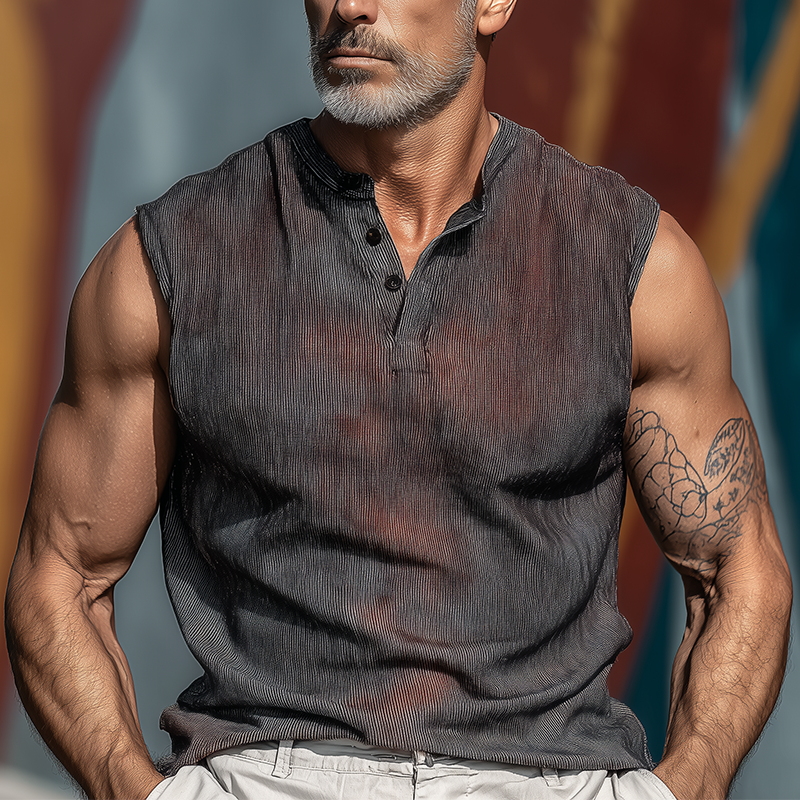 Men's Summer Retro Gradient Print Cotton Blend Henley Collar Tank Top MTA1075G6P
