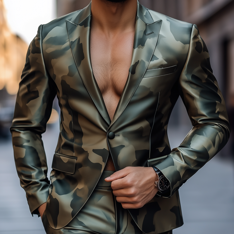 Men's Vintage Camouflage Print Satin Peak Lapel Single Breasted Slim Fit Blazer MTA2887G4M
