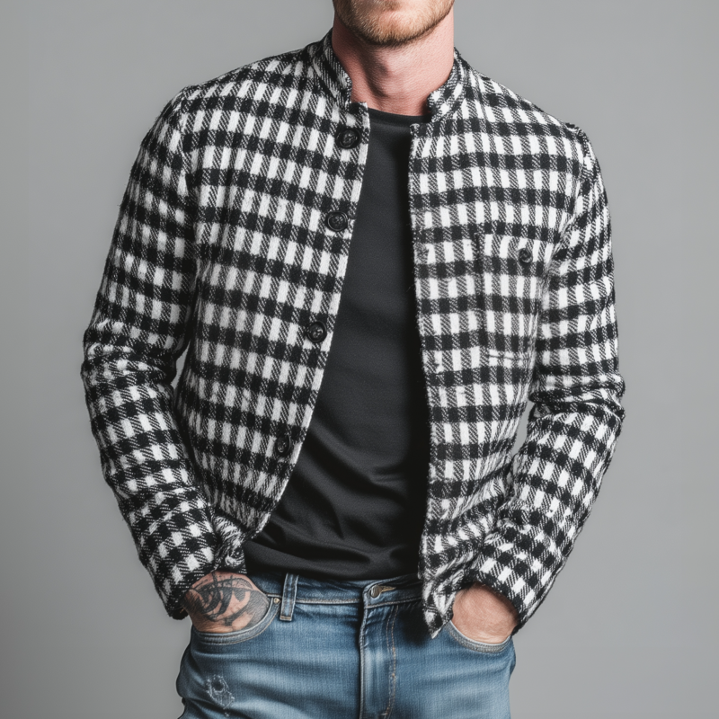 Men's Classic Contrast Color Check Jacquard Stand Collar Single Breasted Slim Fit Jacket MTA2951G3M