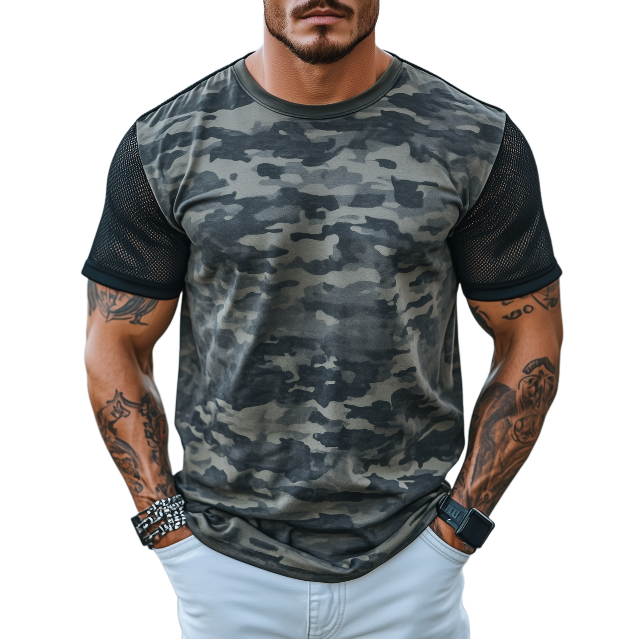 Men's Spring And Summer Casual Round Neck Camouflage Cotton Blended Splicing Mesh Short-sleeved T-shirt MTA2145G5K