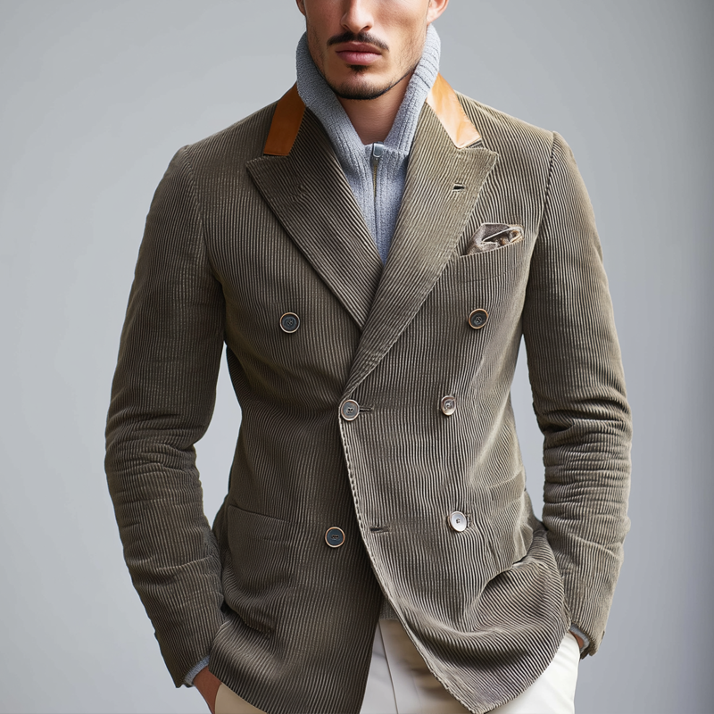 Men's PU Splicing Notch Lapel Double Breasted Corduroy Casual Blazer MTA1857H2Z