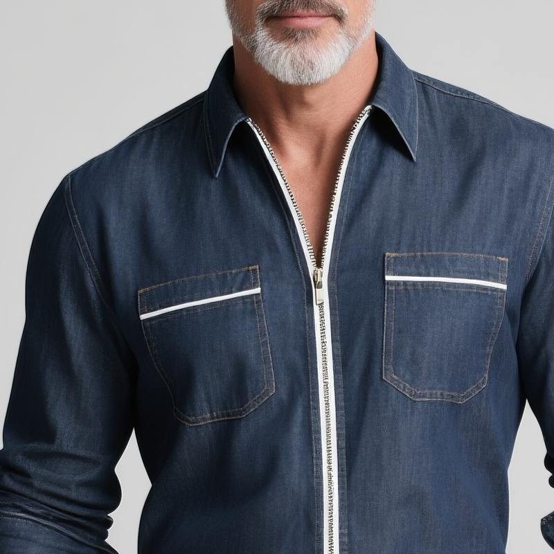 Men's Fashion White Trim Lapel Long Sleeve Denim Shirt MTA2372G2Z