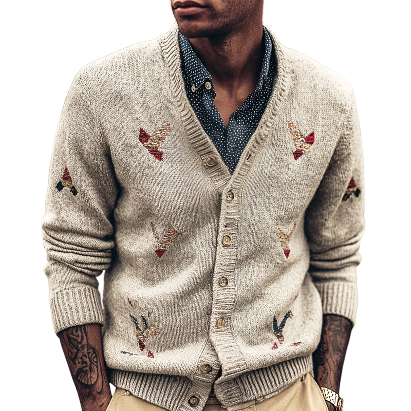 Men's Fashion Geometric Embroidered Single-Breasted Knitted Cardigan MTA1096I4Z