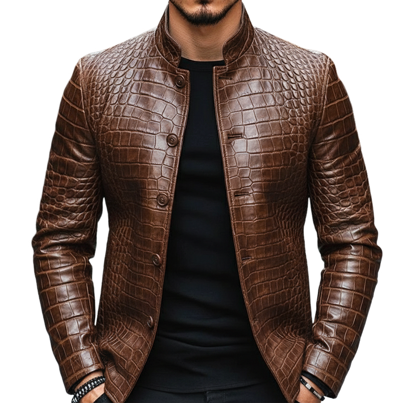 Men's Vintage Casual Crocodile Print Faux Leather Stand Collar Jacket MTA2443I5TO