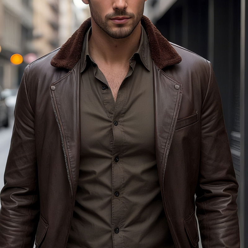Men's Faux Fur Lapel Splicing PU Leather Zipper Jacket MTA1260I1Z