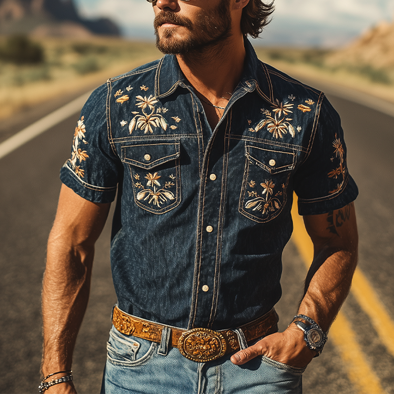 Men's Summer Fashion Classic Retro Western Cowboy Style Denim Embroidery Short Sleeve Shirt MTA2878D6K