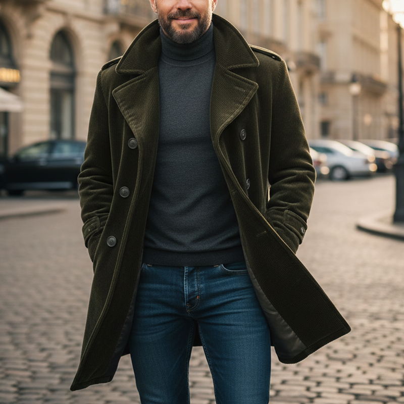 Men's Retro Classic Army GreenNotched Lapel Double-Breasted Corduroy Coat MTA3114J2U