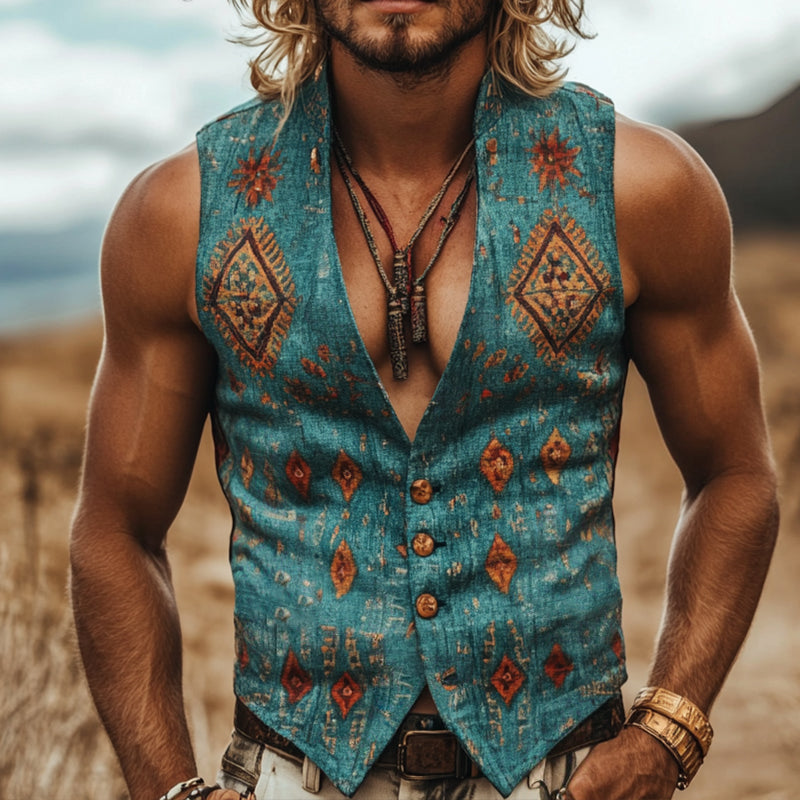 Men's Retro Casual Ethnic Style Geometric Print Linen Stand Collar Vest MTA0687E1TO