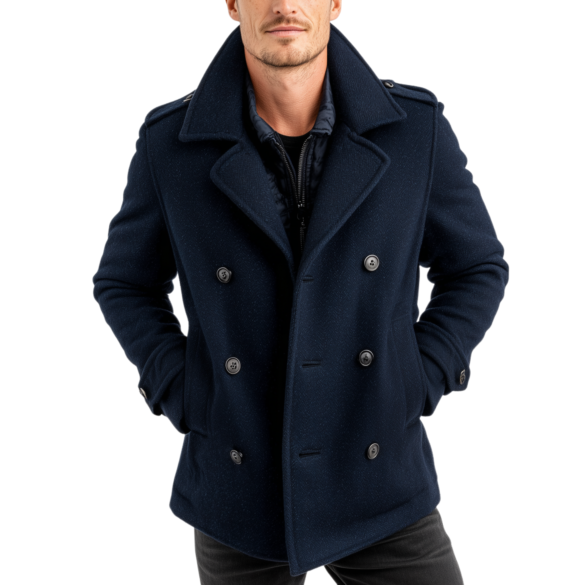 Men's Classic Retro Lapel Navy Blue Double-breasted Faux Woolen Short Coat MTA2644I9K