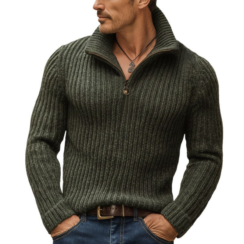 Men's Classic Army Green Striped Quarter-zip Stand Collar Slim-fit Sweater MTA0150K8U