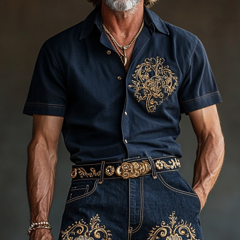 Men'S Fashion Retro Embroidered Lapel Short Sleeve Shirt MTA0951E8Z