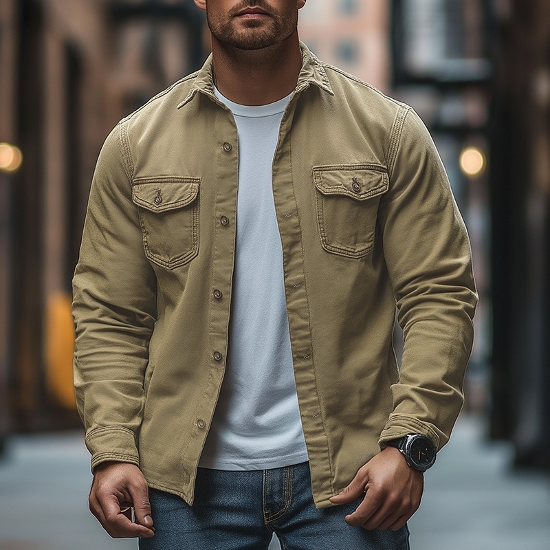 Men's Spring Retro Twill 100% Cotton Long-Sleeve Shirt MTZ2293A2P