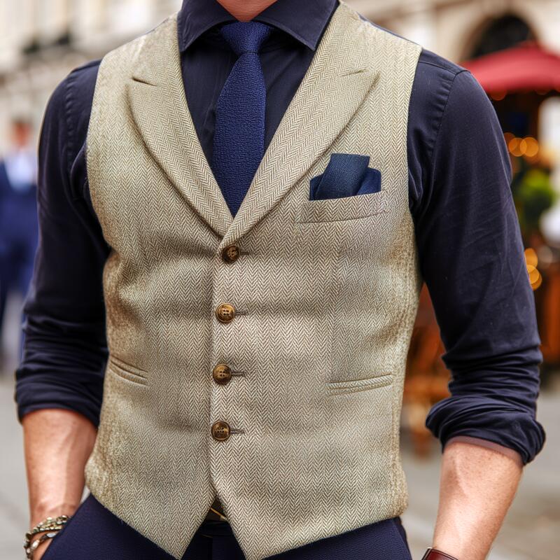 Men's Vintage Wool Blend Herringbone Lapel Single-Breasted Slim-Fit Suit Vest MTA2740H5M