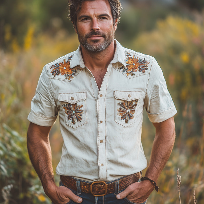Men's Summer Western Cowboy Style Retro Embroidered Short Sleeve Shirt MTA2901D3U