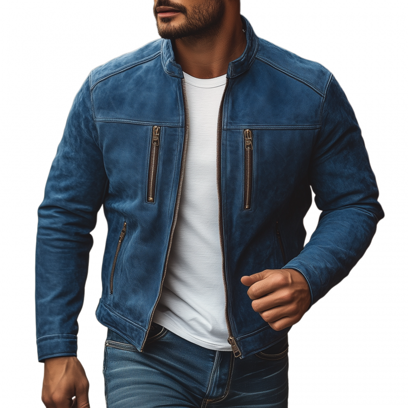 Men's Vintage Solid Suede Stand Collar Zipper Placket Slim Fit Multi-Pocket Jacket MTA0597H2M