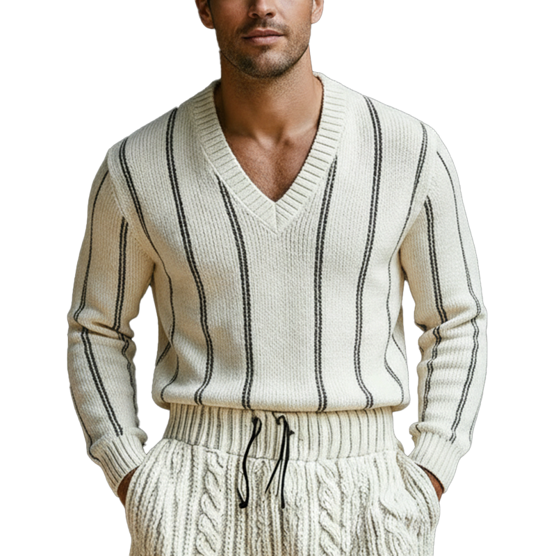 Men's Spring Fashion Vertical Striped Cotton Yarn Knitted Long-Sleeve Sweater MTZ2251A7P
