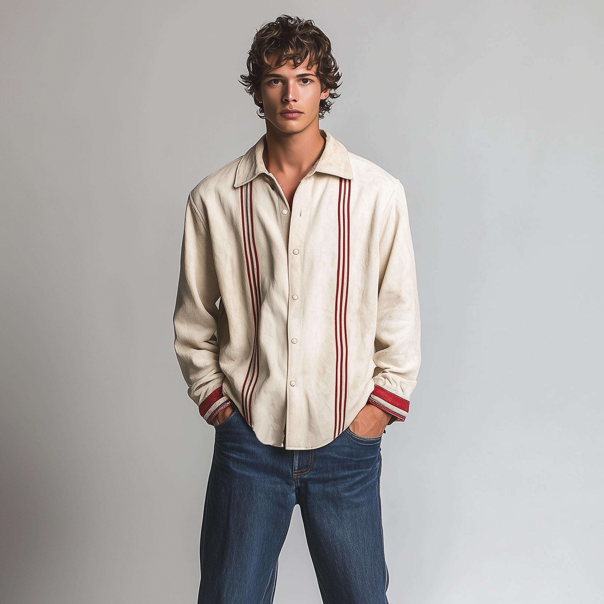 Men's Classic Casual Thin Contrast Color Stitching Suede Embroidery Lapel Long Sleeve Shirt MTA2452G6K