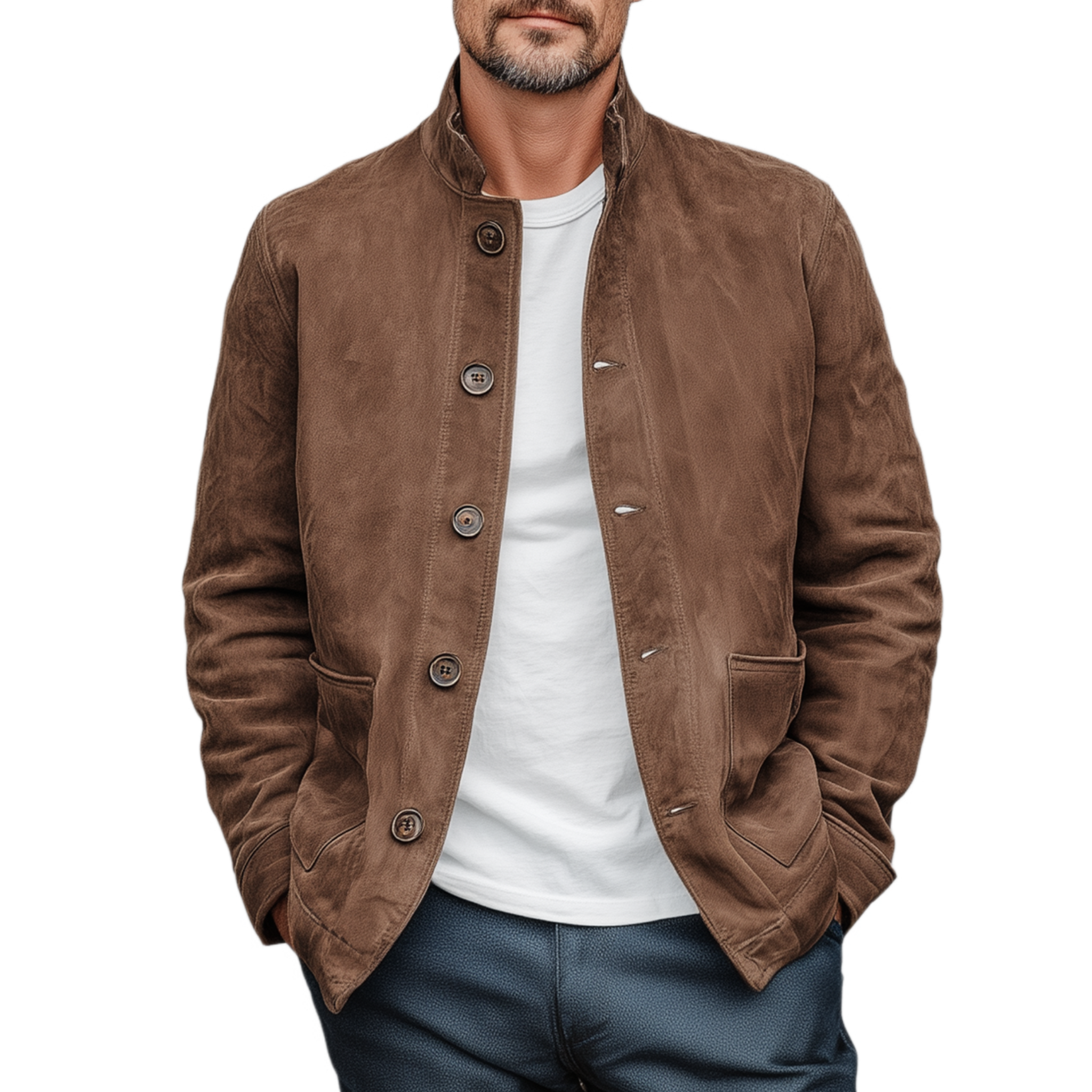 Men's Retro Casual Thin Suede Wooden Button Stand Collar Jacket MTA2517G7K