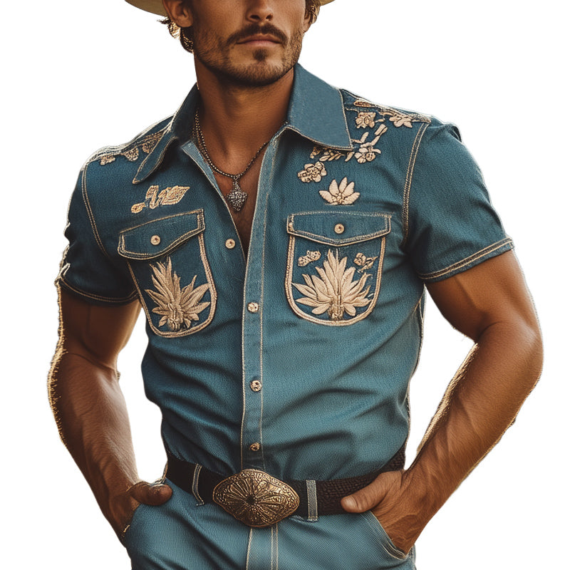 Men's Summer Vintage Embroidered Denim Short Sleeve Shirt MTA2905D8U