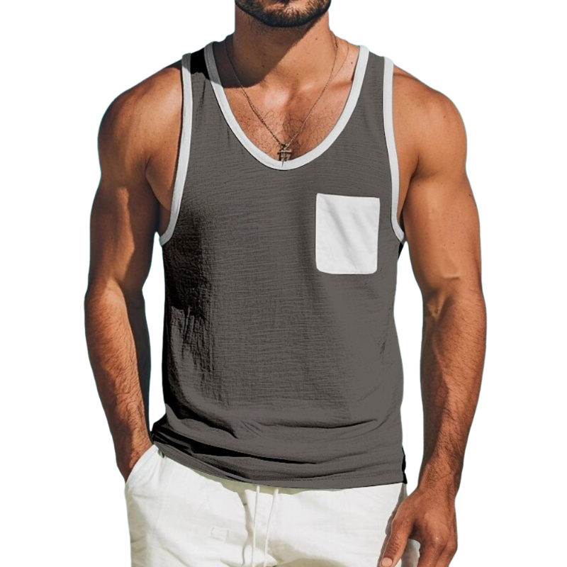 Men's Casual Cotton Linen Contrast Color U-Neck Patch Pocket Loose Tank Top MTA1488E9M