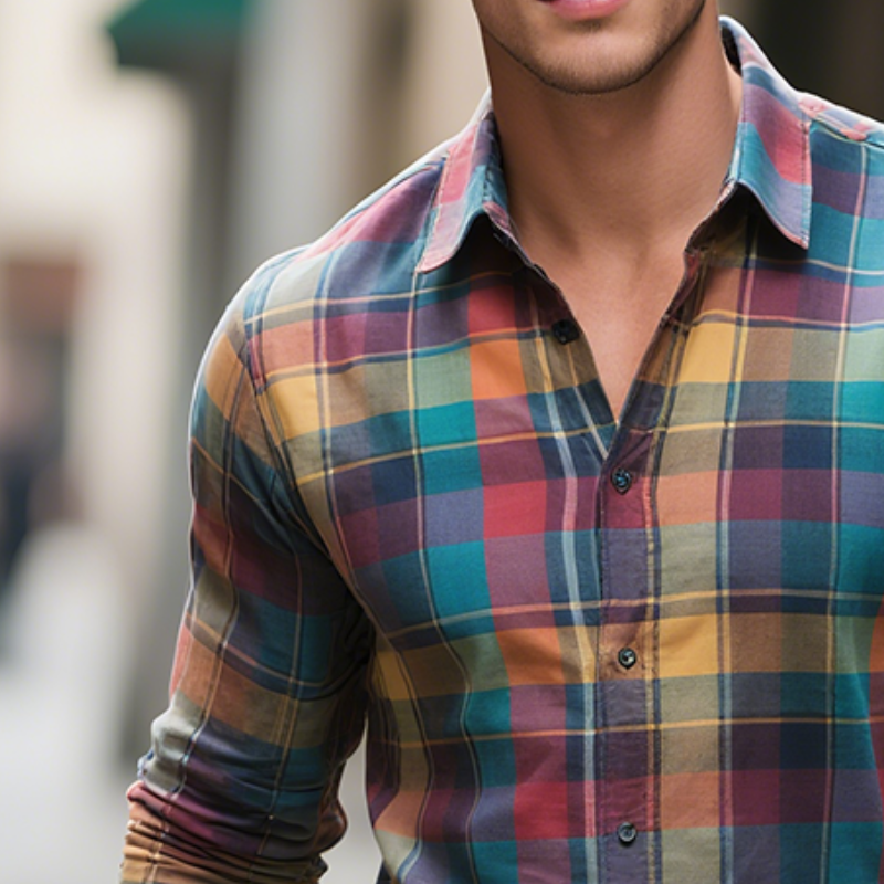 Men's Retro Casual Color Plaid Print Lapel Long Sleeve Shirt MTA1182H0TO