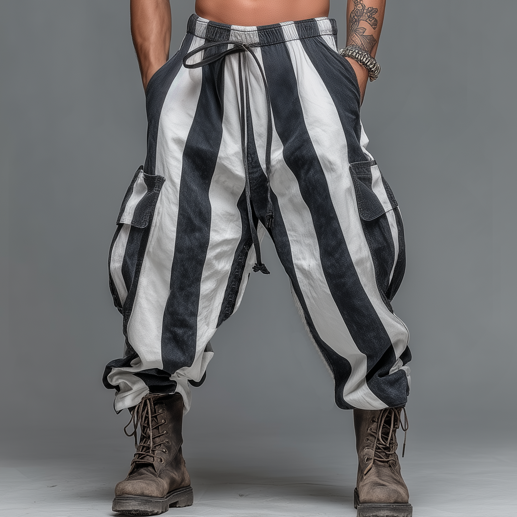 Men's Casual Black And White Striped Blend Elastic Waist Cargo Pants MTA2971J9K