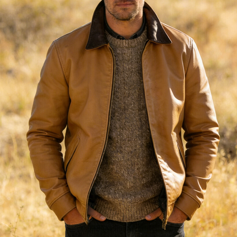 Men's Retro Casual PU Color Block Lapel Zipper Jacket MTA1238L8TO