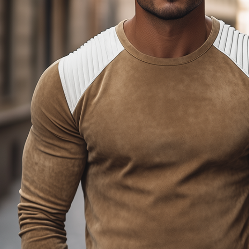 Men's Retro Casual Suede Pleated Round Neck Long Sleeve T-shirt MTA2184H2TO