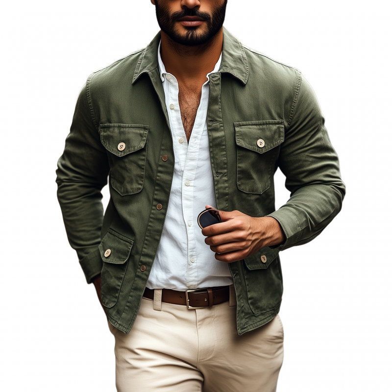 Men's Casual Breathable Cotton Washed Distressed Lapel Single-breasted Multi-pocket Work Jacket MTA0688H8M