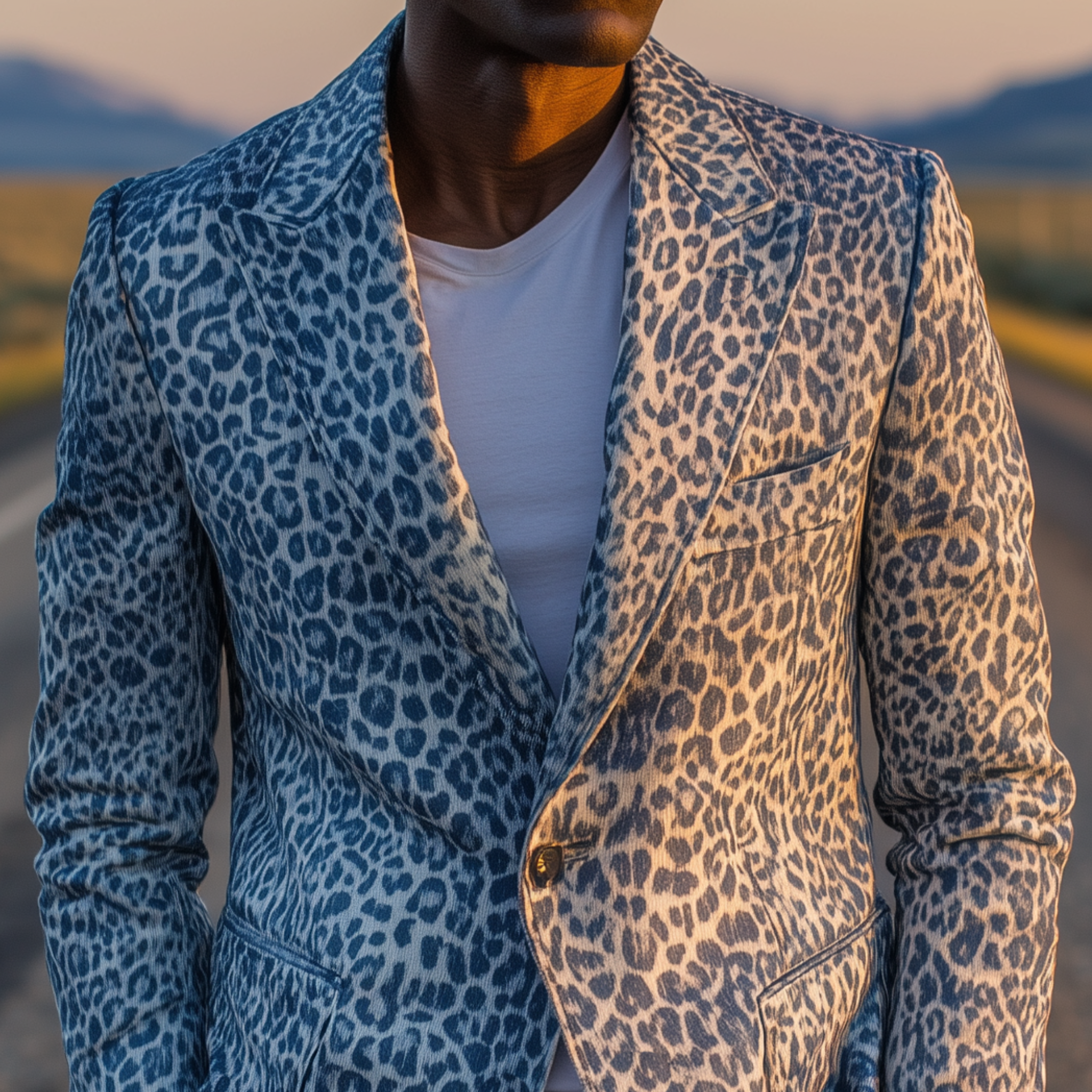 Men's Classic Fashion Leopard Print Denim Slim Fit Single-breasted Blazer MTA0726H2K