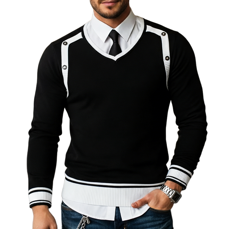 Men's Urban Black And White Color-blocked V-neck Slim-fit Sweater MTZ1285A2U