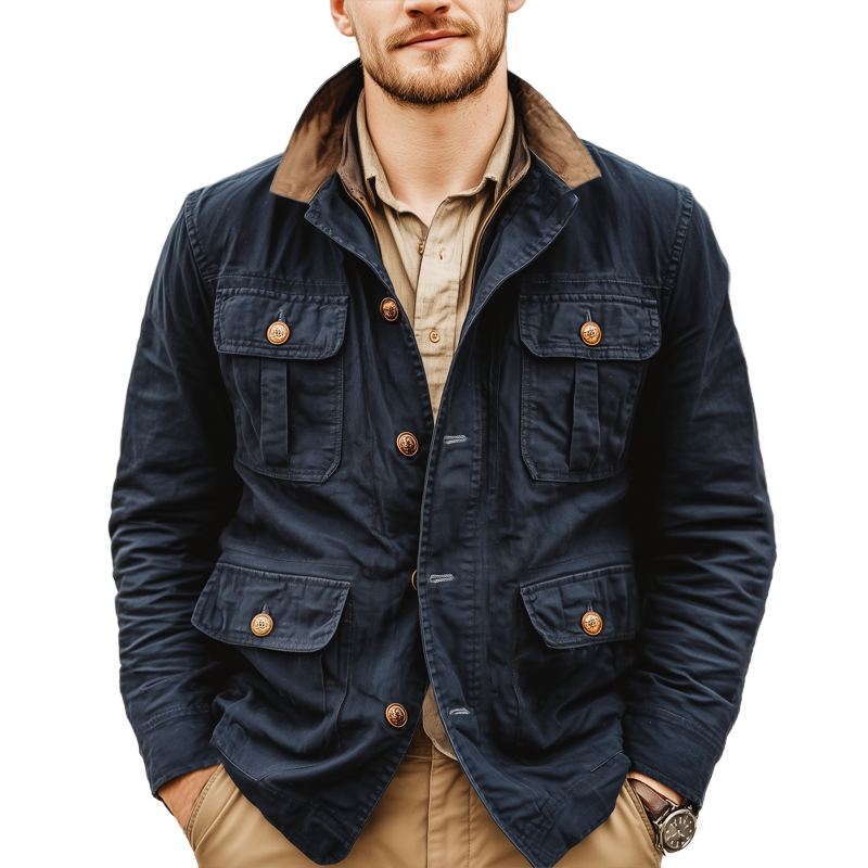 Men's Classic Navy Colorblock Collar Button-Down Jacket MTA2650I6U