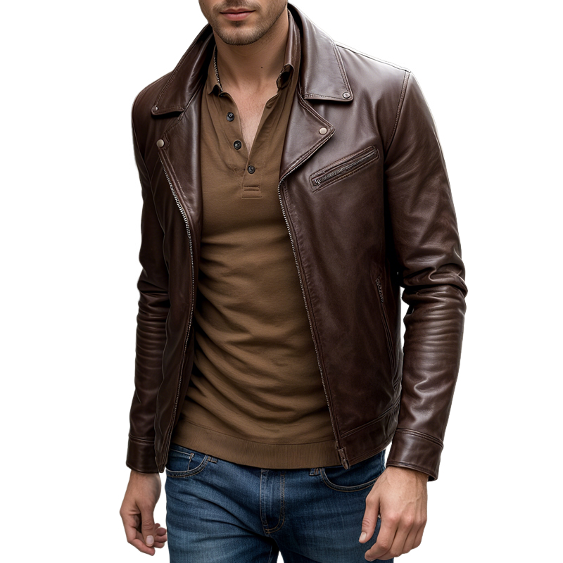Men's Faux Leather Lapel Zipper Biker Jacket MTA1287I4Z