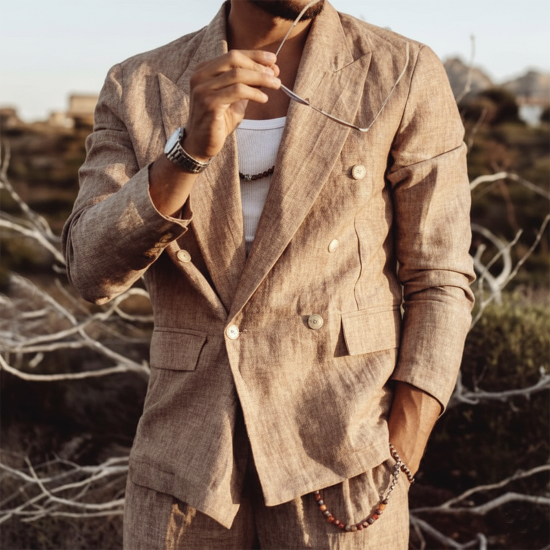 Men's Classic Urban Style Cotton And Linen Double-Breasted Single-Vented Blazer MTA3034L6U