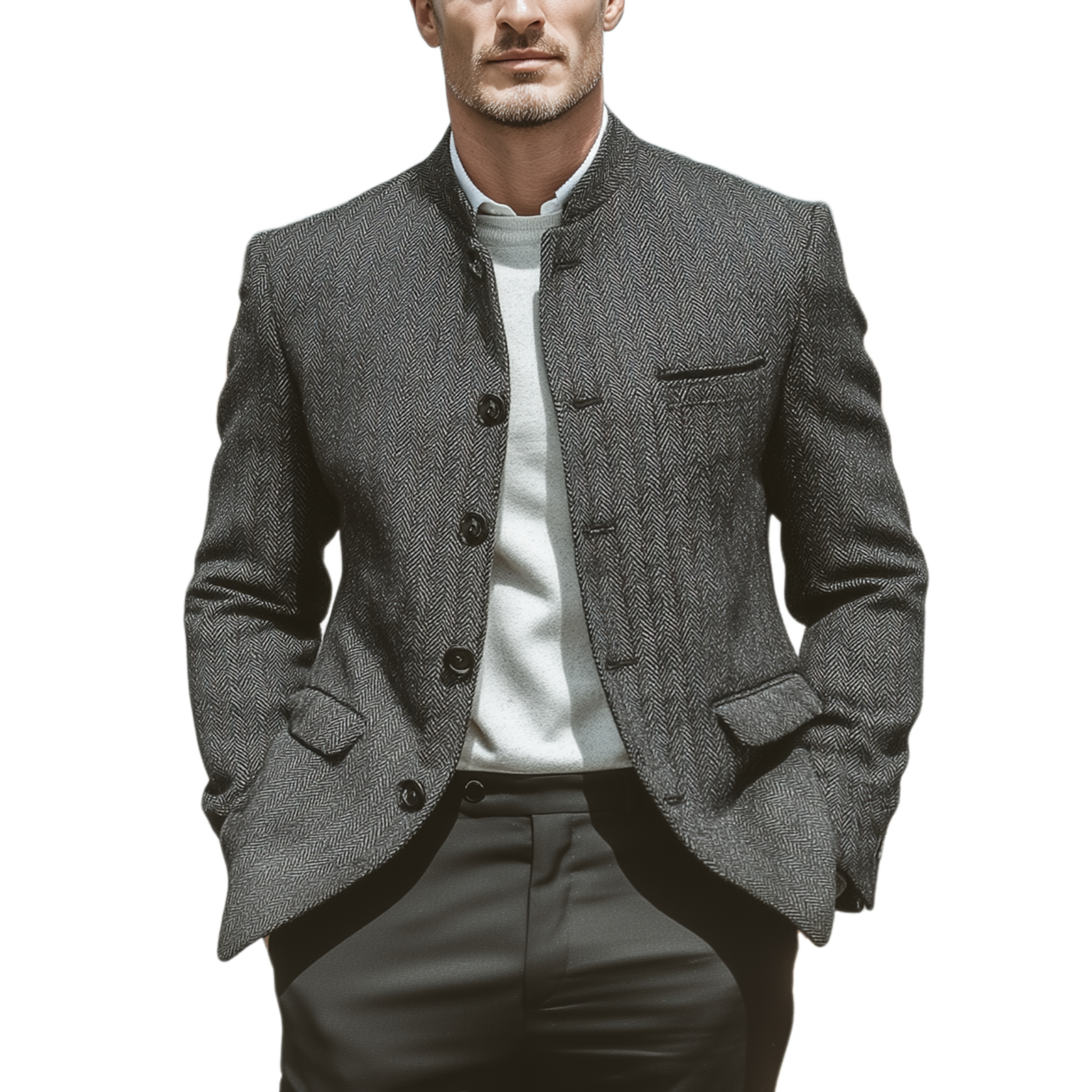 Men's Classic Vintage Stand Collar Button Herringbone Jacket MTA1519I1K