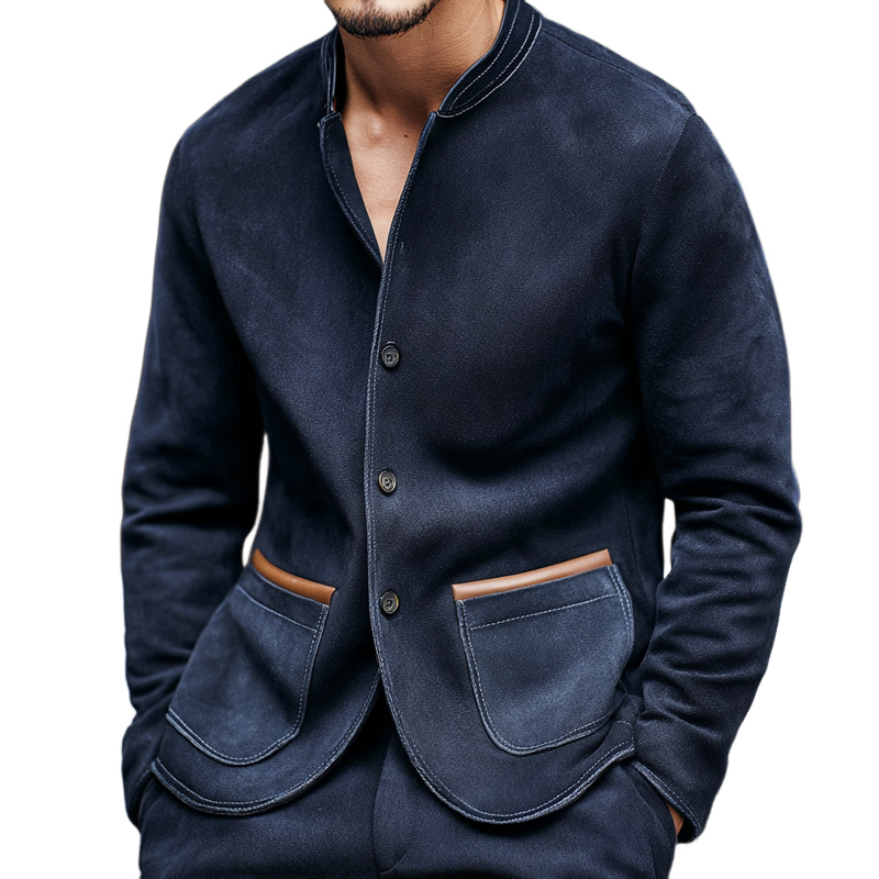 Men's PU Splicing Pocket Faux Suede Stand Collar Single Breasted Casual Jacket MTA1945H4Z