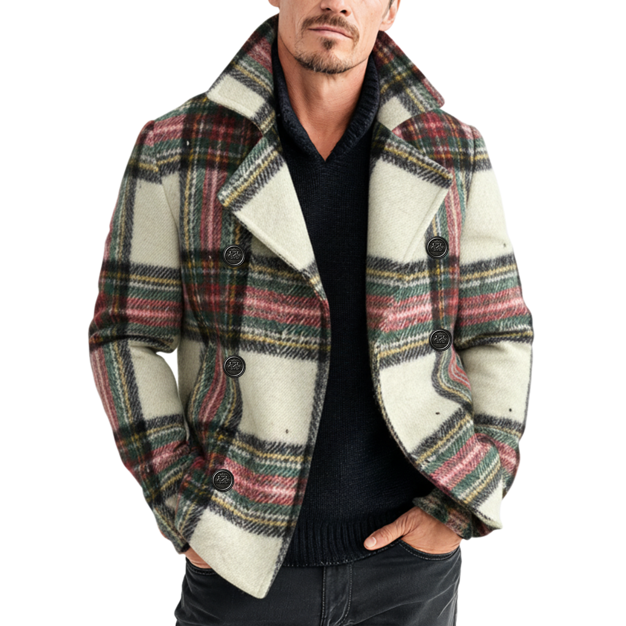 Men's Classic Lapel Christmas Party Plaid Wool Double Breasted Jacket MTA3025I3K